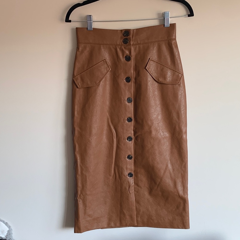 H&M Tan Faux Leather Button-Front Midi Skirt